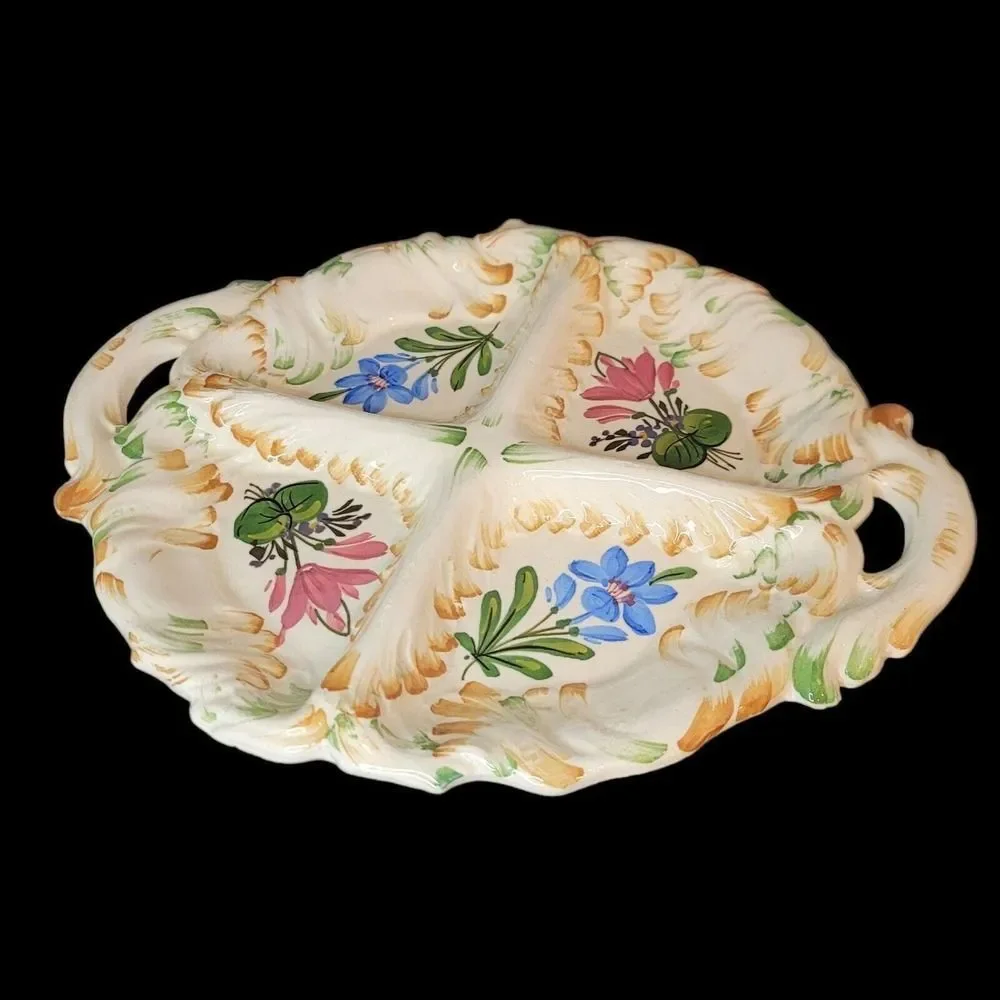Vintage Italian Ceramic‎ Handpainted Floral Divided Serving Plate